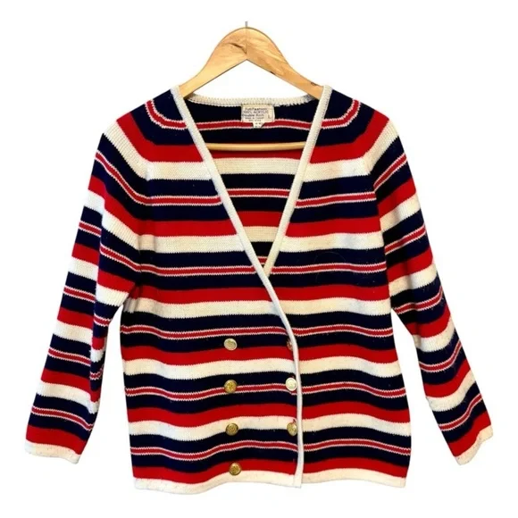 Vintage 1960s Multi Color Stripe Ribbed Double Knit Cardigan Sweater size Large - Picture 12 of 12